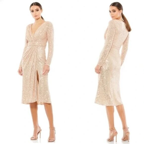 Mac Duggal Dresses & Skirts - Mac Duggal Sequin Long Sleeve Midi Cocktail Formal Dress Size 12 Rose Gold NWT